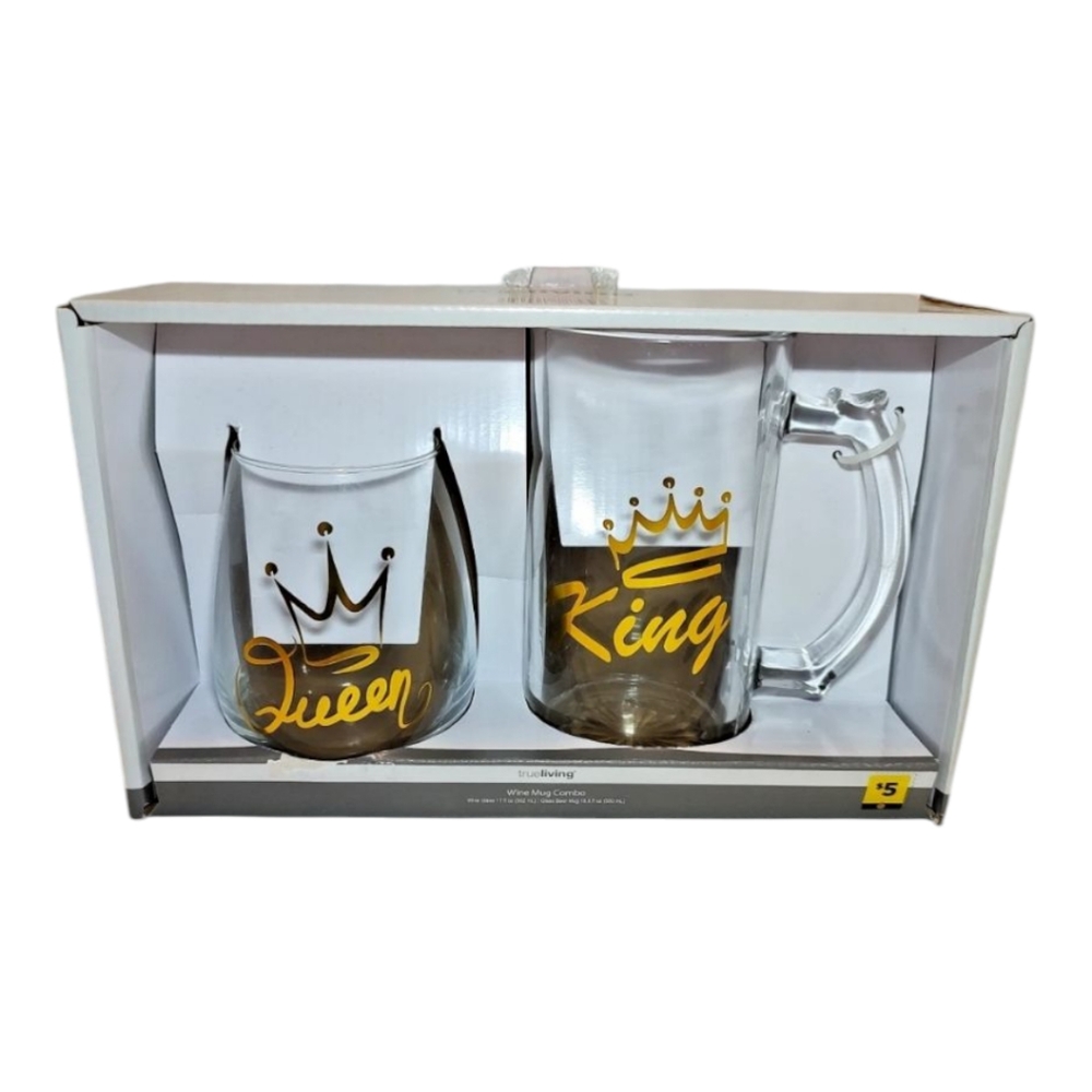 Trueliving Glass Wine 17 oz & Beer Mug 18.6 oz Combo Set Queen King Bride Groom